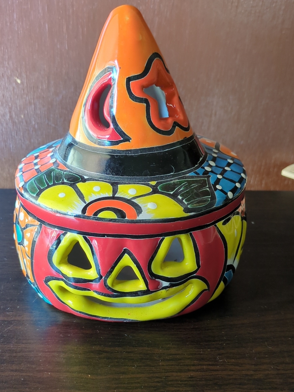 Talavera Hand-Painted Orange & Yellow Ceramic Halloween Jack-O'-Lantern